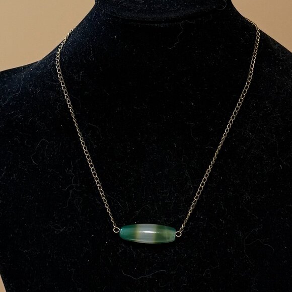 2/$20, Green Agate Short Necklace, Large Gemstone Bar Pendant & Bronze Chain - Picture 3 of 11